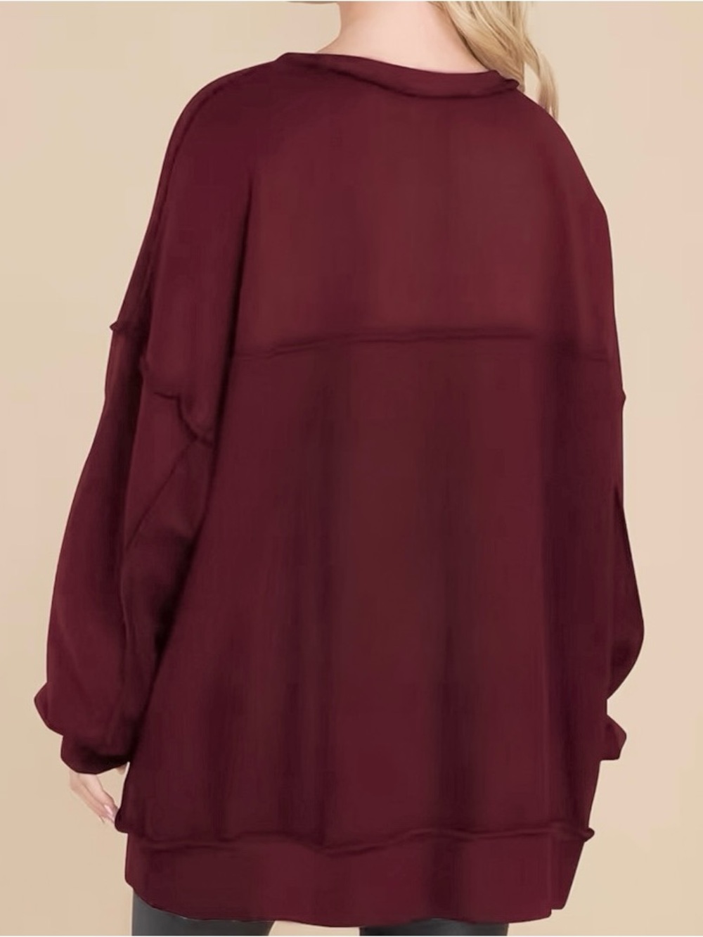 Oversized Henley Sweatshirt Asymmetrical Hem Burgundy EUC - Picture 2 of 10
